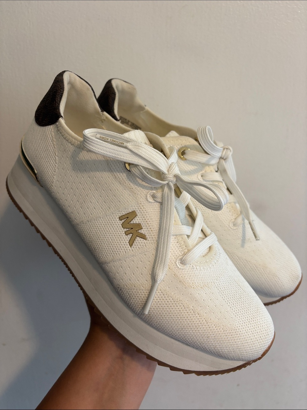 Michael Kors White Knit Sneakers with Gold MK Accent
